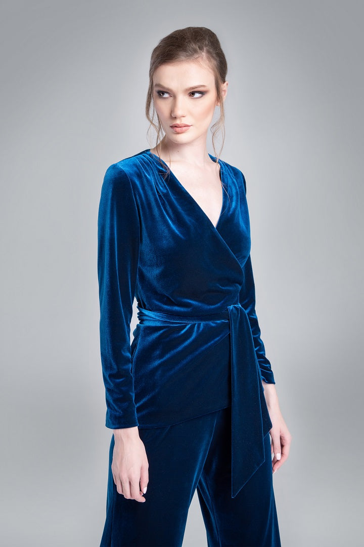 Velvet wrap jacket with a self-tie sash ...